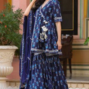 NAVY BLOCKPRINT SHARARA KURTI SETS Sharara suit salwar suit